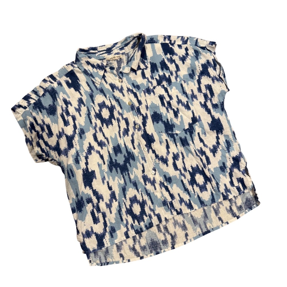Christian Siriano New York Blue Ikat Linen Blend Button Down Shirt Womens Large